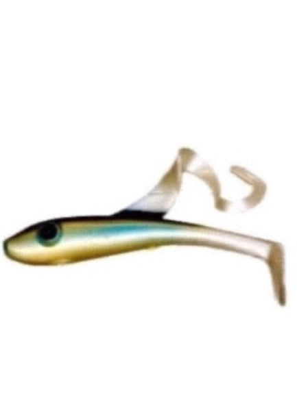 Restless Rider Musky Tackle rubber swim-bait. Blue gold white baitfish pattern 
