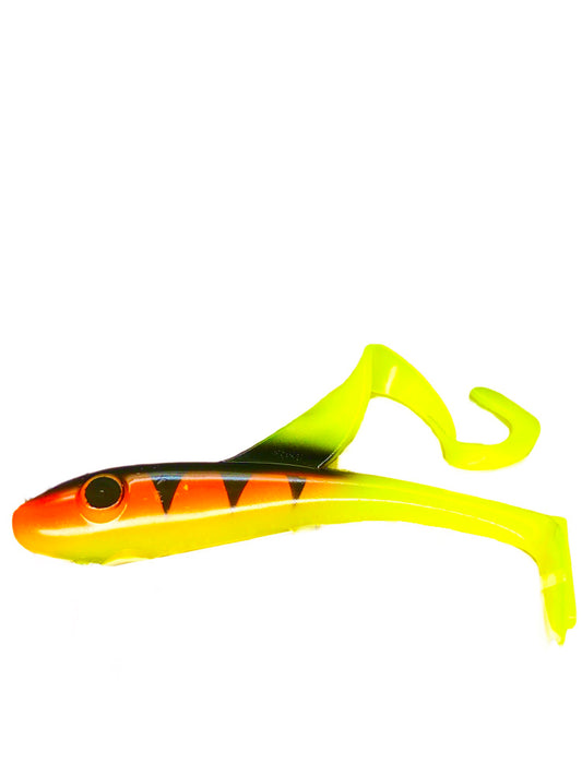 Restless Rider Musky Tackle rubber swim-bait. Orange Black Char pattern 