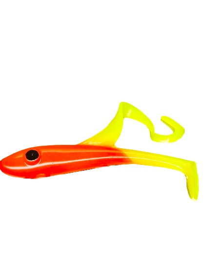 Restless Rider Musky Tackle rubber swim-bait. Orange Char pattern 