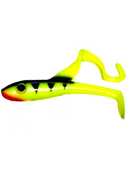 Restless Rider Musky Tackle rubber swim-bait. Char Black Red pattern 