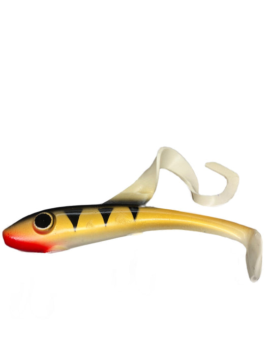 Restless Rider Musky Tackle rubber swim-bait. Gold Black White Red pattern 